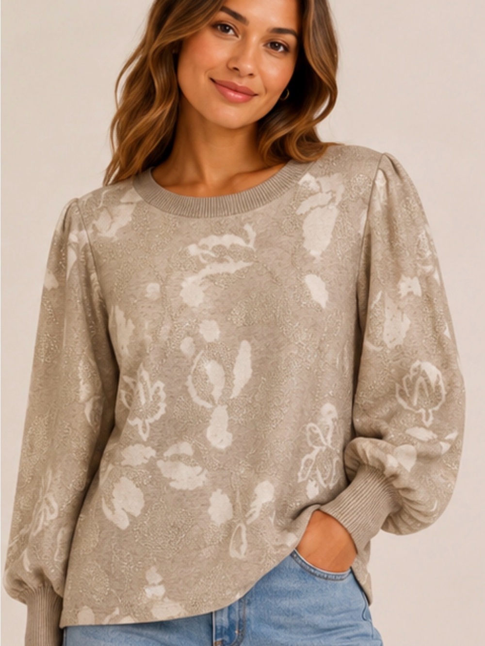 Cynthia Rowley Taupe and Cream Floral Puff-Sleeve Sweater